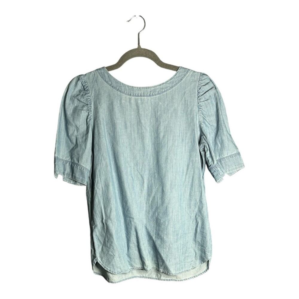 LOFT Short Puff Sleeve Denim Shirt High Round Neck Small Petite